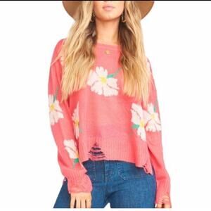 Show Me Your Mumu Seco Lovely Floral pink daisy distressed sweater size Medium